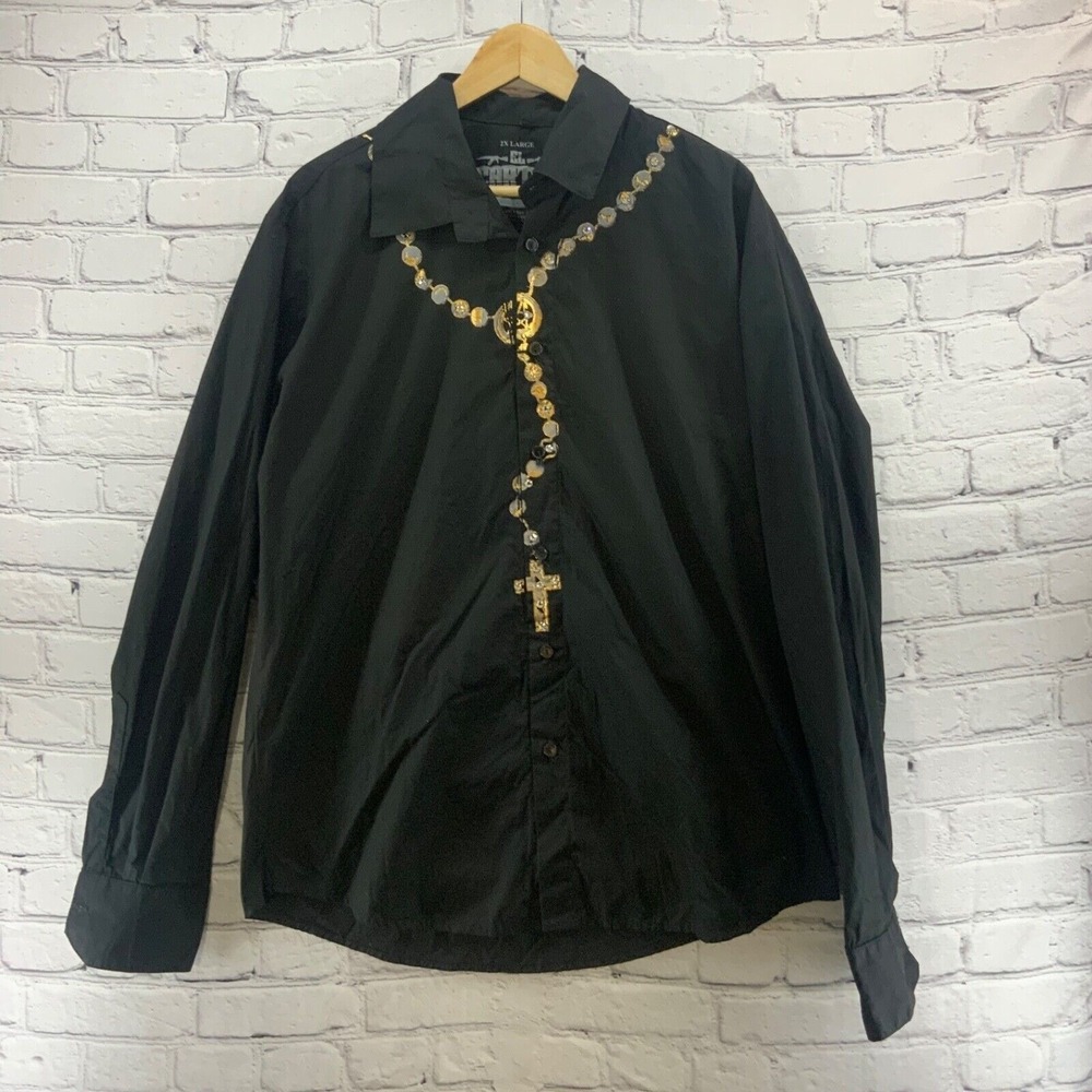 El Cartel Graphic Print Shirt Button Up Mens Sz 2XL Black Unique Rare Print